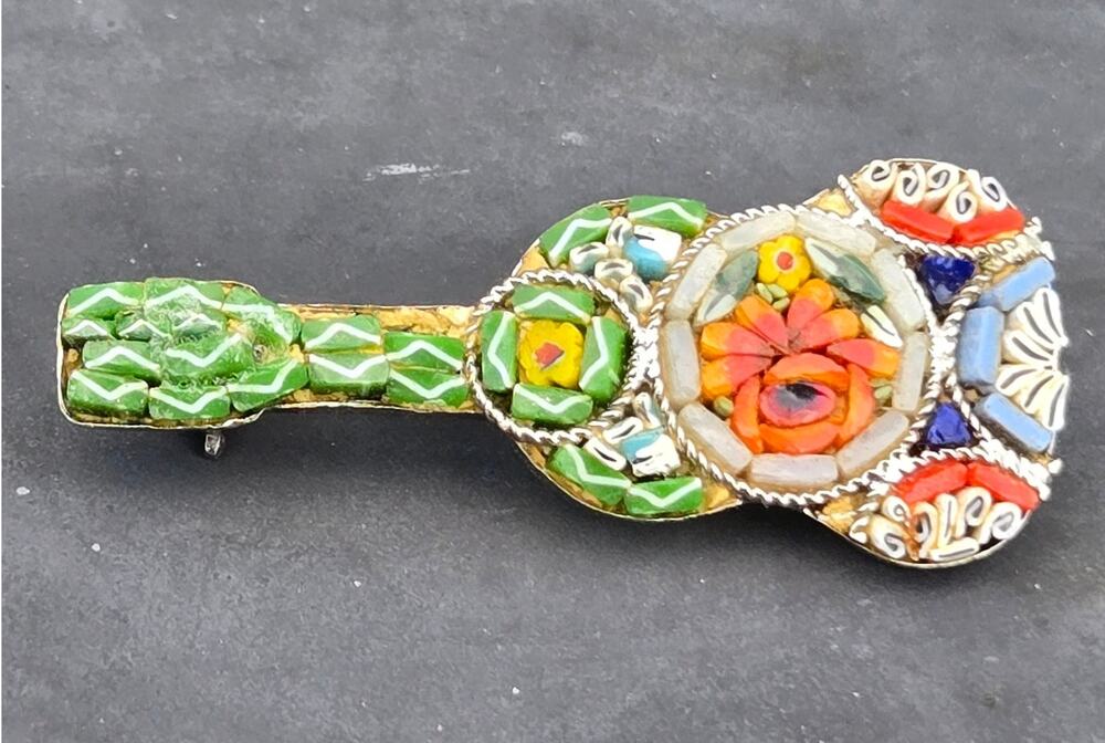 Vintage Micro Mosaic Guitar Brooch Made in Italy Floral Millefiori 1.75"